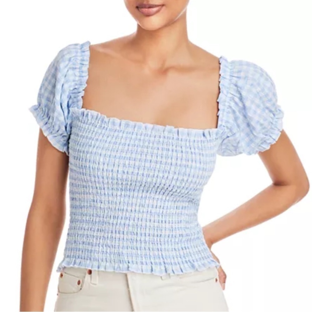 Nwt Chaser Blue Gingham Smocked Puff Short Sleeve Top Size Large